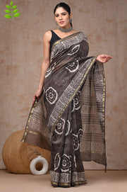 Lovely Grey - Hand Block Print Chanderi Silk Saree - Paheli-Jaipur